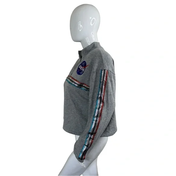 NASA metallic stripes embroidery logo cropped grey pull over light sweater XL - Picture 5 of 14